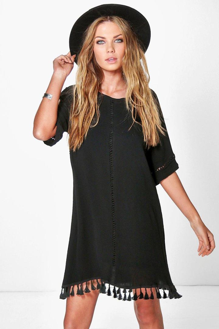 Boohoo Cassie Festival Tassel Shift Dress Black