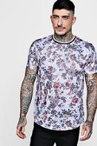 Boohoo Tapestry Floral Sublimation T-shirt With Curve Hem