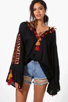 Boohoo Boutique Emma Embroidered Tassel Smock Top Black