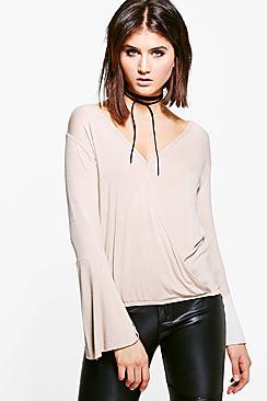 Boohoo Sophia Wrap Front Fluted Sleeve Top