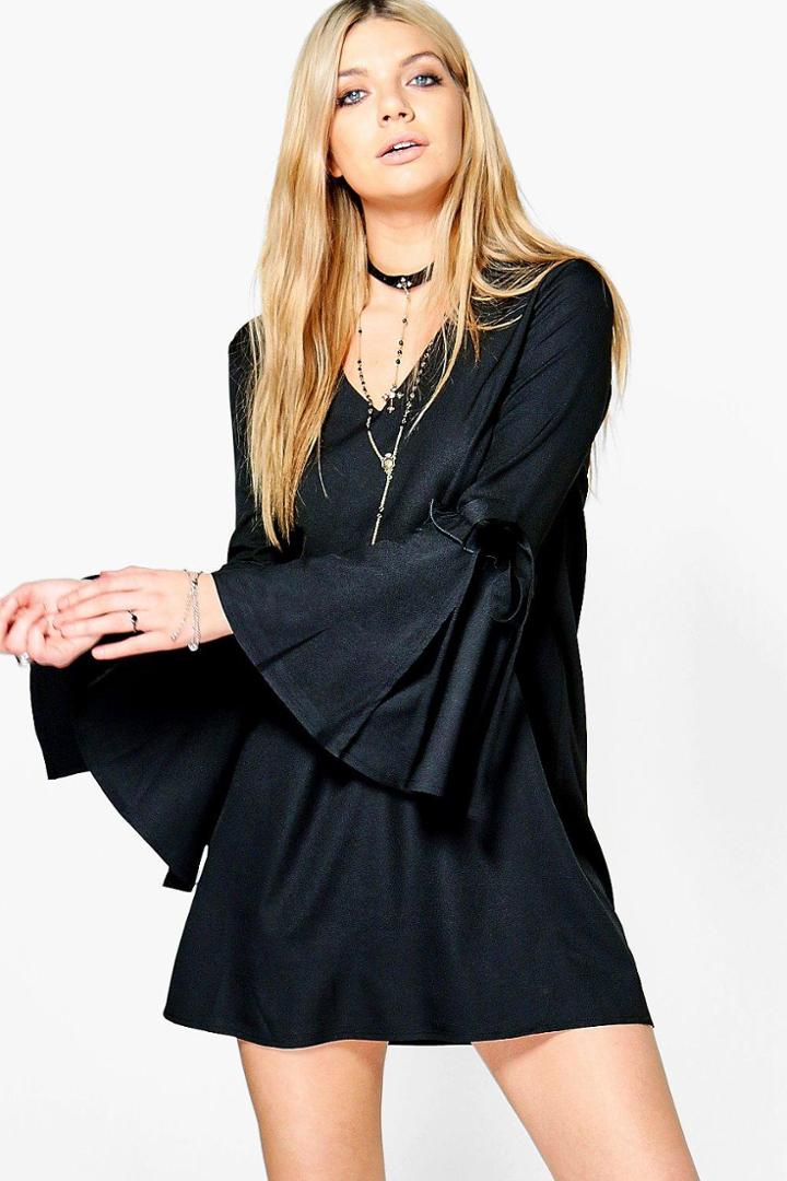 Boohoo Rebecca Ruffle Tie Sleeve Shift Dress Black