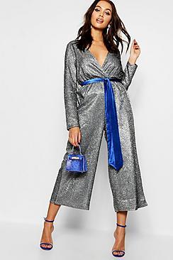 Boohoo Metallic Wrap Velvet Belted Culotte Jumpsuit