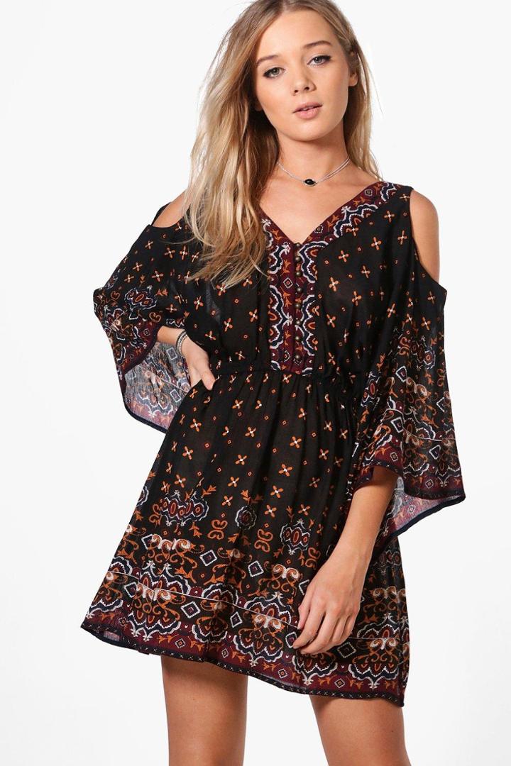 Boohoo Emmeline Cold Shoulder Shirt Dress Multi