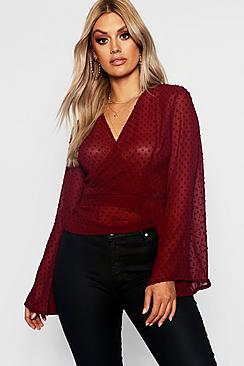 Boohoo Plus Dobby Mesh Wide Sleeve Wrap Top