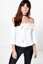 Boohoo Amanda Button Through Bow Detail Bardot Top