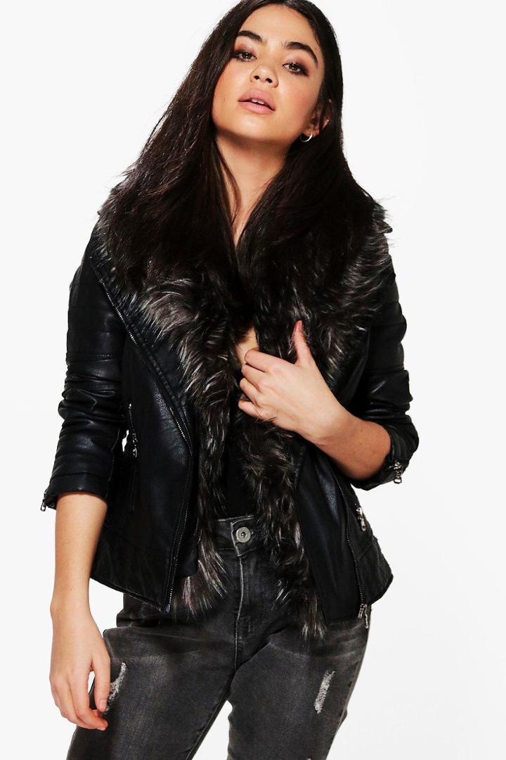 Boohoo Freya Faux Fur Collar Biker Jacket Grey