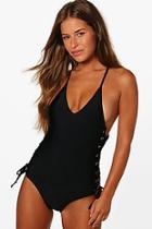 Boohoo Petite Emily Lace Up Side Detail Swimsuit