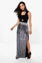 Boohoo Yazzmin Metallic Pleated Thigh Split Maxi Skirt Black