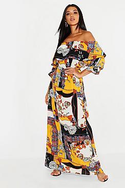 Boohoo Ruffle Shoulder Scarf Print Maxi Dress