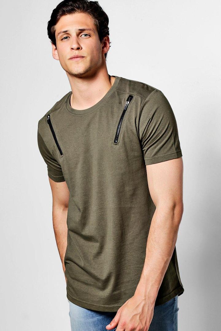 Boohoo Longline T Shirt With Zips And Curve Hem Khaki