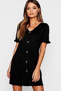 Boohoo Frill Sleeve Button Through Shift Dress
