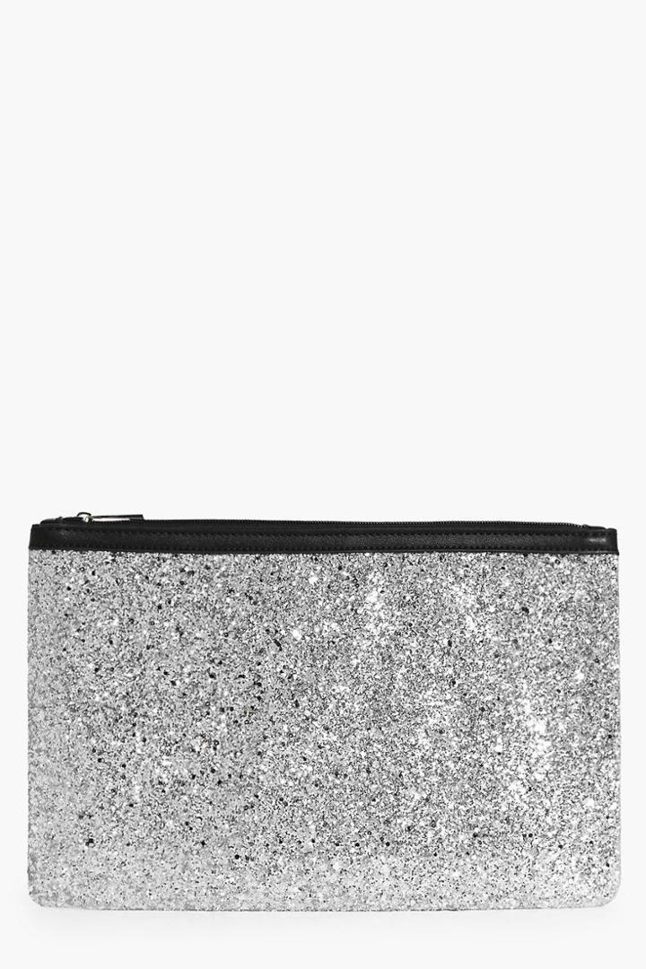 Boohoo Orla Oversize Zip Top Glitter Clutch Silver