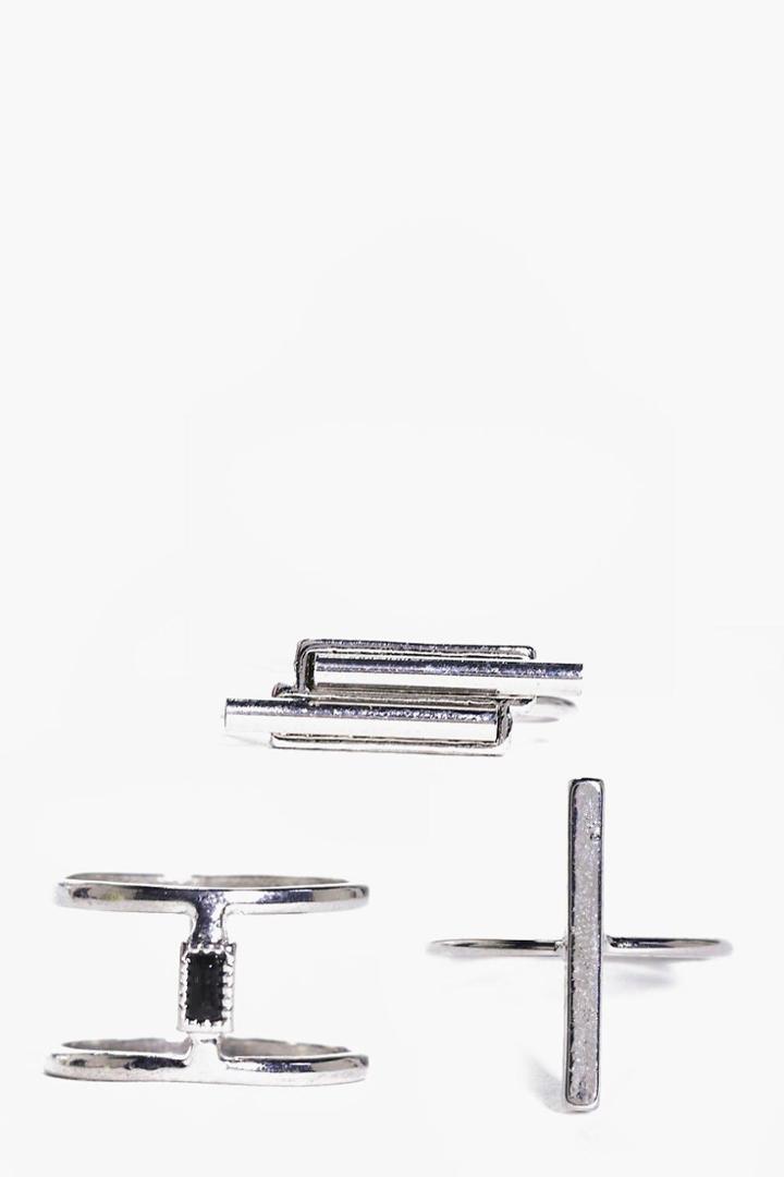 Boohoo Tabitha Mixed Shape Open Ring Pack Silver
