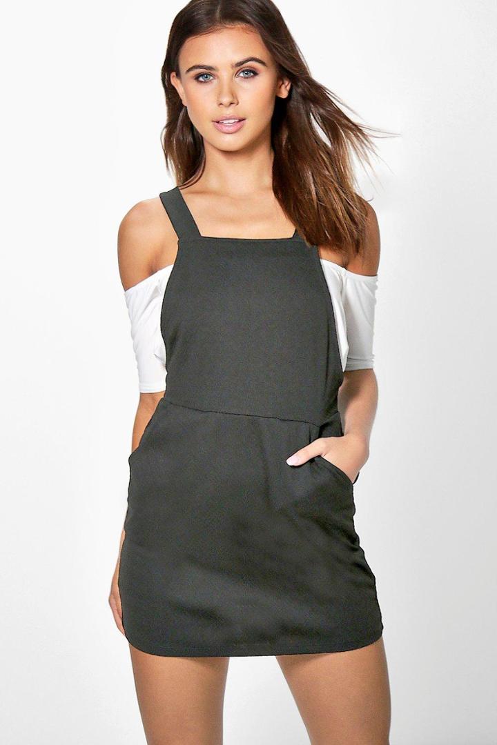 Boohoo Petite Ella Textured Pinafore Dress Black