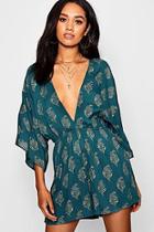 Boohoo Petite Plunge Cheese Cloth Festival Playsuit