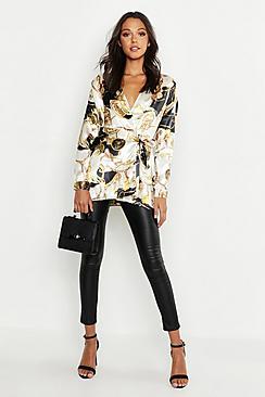 Boohoo Tall Satin Chain Print Wrap Shirt