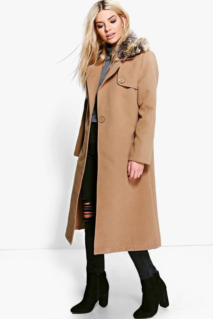 Boohoo Emily Faux Fur Collar Wool Look Coat Camel