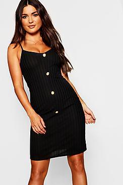 Boohoo Gold Button Front Rib Knit Dress