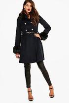 Boohoo Amelie Belted Faux Fur Trim Wool Look Coat