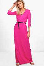 Boohoo Petite Zoe Wrap Front 3/4 Sleeve Maxi Dress Cerise