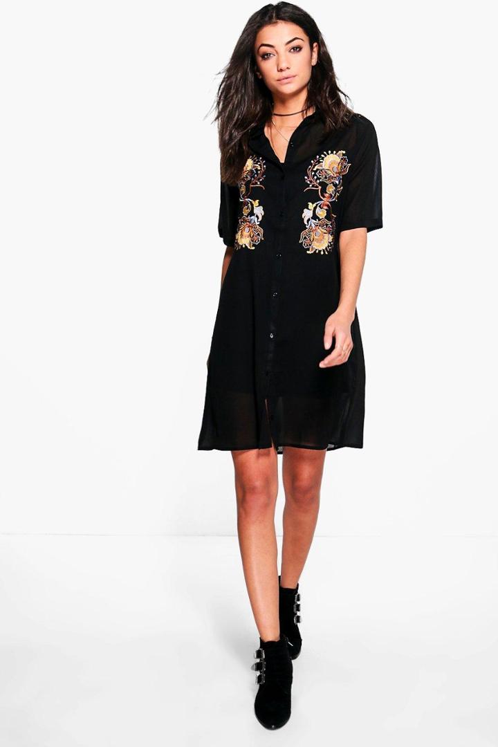 Boohoo Tall Serina Premium Embroidered Woven Shirt Dress Black