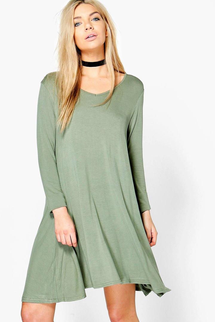 Boohoo Dina Basic V Neck Swing Dress Khaki