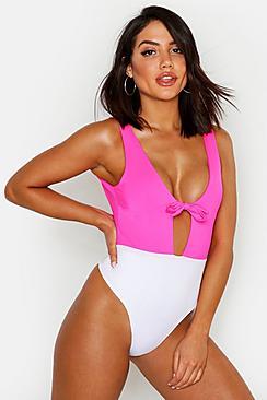 Boohoo Plunge Bow Tie Swimsuit