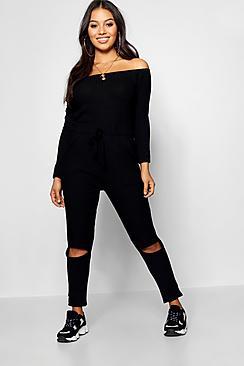 Boohoo Petite Rib Knit Bardot Jumpsuit
