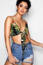Boohoo Lola Leaf Print Sheared Tie Front Crop