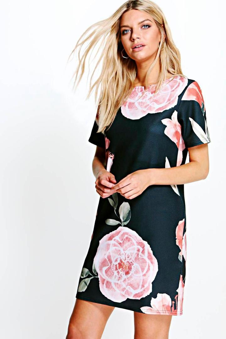 Boohoo Yvonne Floral Cap Sleeve Shirt Dress Black