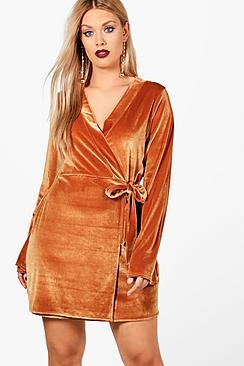Boohoo Plus Katie Wrap Detail Velvet Dress