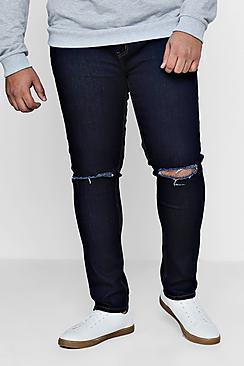 Boohoo Big And Tall Indigo Ripped Knee Jeans