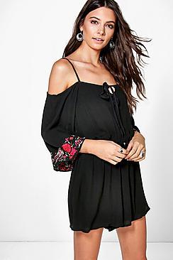 Boohoo Ollie Open Shoulder Embroidered Playsuit