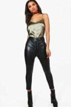 Boohoo Rhea Lace Up Stretch Leather Look Skinny Trousers Black