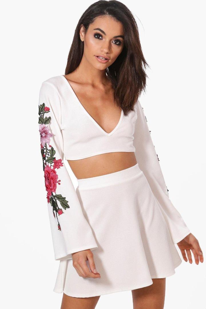 Boohoo Danielle Embroidered Sleeve Crop Top & Skirt Co-ord Set Ivory