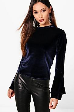 Boohoo Petite Chelsea Ruffle Sleeve Velvet Top