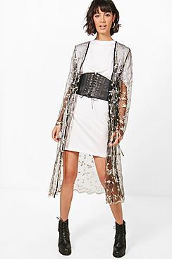 Boohoo Zoe Midi Mesh Embroidered Kimono