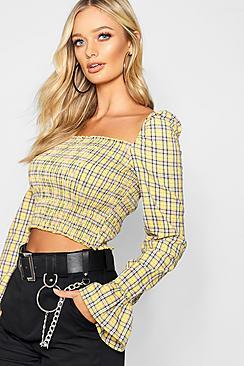 Boohoo Check Shirred Ruffle Shoulder Long Sleeve Crop