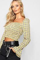 Boohoo Check Shirred Ruffle Shoulder Long Sleeve Crop
