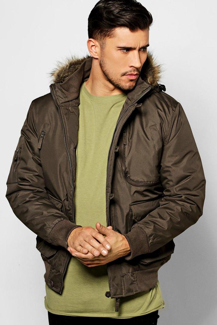 Boohoo Faux Fur Hooded Multi Pocket Parka Khaki