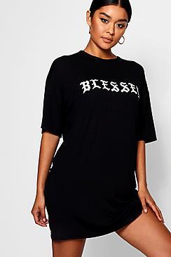 Boohoo Beth Blessed Slogan Oversized T Shirt Dress