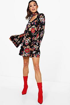Boohoo Olivia Pleated Sleeve Tie Neck Shift Dress