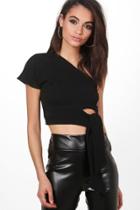 Boohoo Annie One Shoulder Tie Front Crop Black