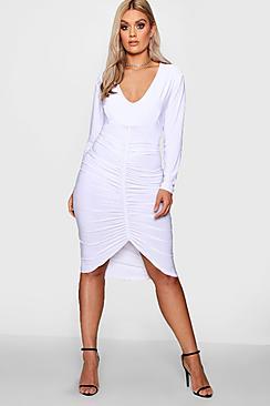 Boohoo Plus Slinky Plunge Ruched Midi Dress