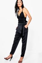 Boohoo Lillia Satin Tie Waist Slim Fit Trousers Black
