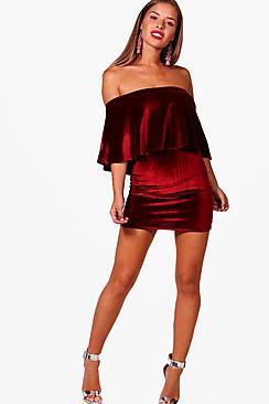 Boohoo Petite Nessa Velvet Ruffle Bardot Bodycon Dress