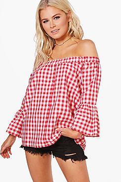 Boohoo Ella Off The Shoulder Gingham Shirt