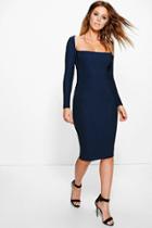 Boohoo Hayley Square Neck Long Sleeved Midi Dress Navy