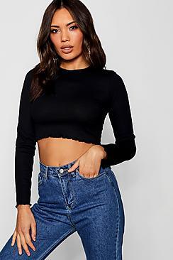 Boohoo Rib Long Sleeve Lettuce Hem T-shirt