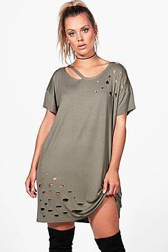 Boohoo Plus Annie Distressed Cut Out T-shirt Dress